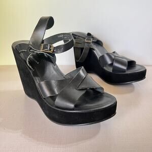 Kork-Ease Bette Wedge Sandal Black Leather Suede Strappy Womens Size 7